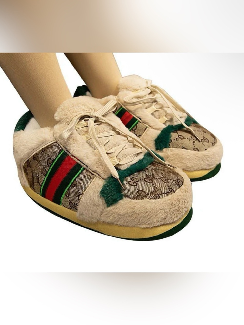 Designer-Inspired Oversized Beige & Green Unisex Fur-Trim Sneaker Slippers